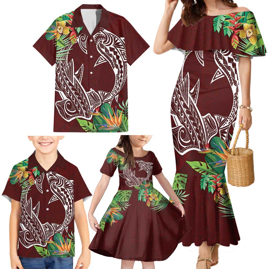 Polynesia Family Matching Mermaid Dress and Hawaiian Shirt Sharks Duo Tropical Oxblood