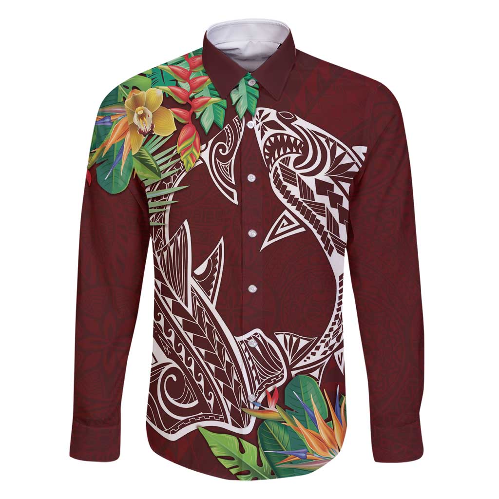 Polynesia Family Matching Mermaid Dress and Hawaiian Shirt Sharks Duo Tropical Oxblood LT7 Dad's Shirt - Long Sleeve Oxblood - Polynesian Pride