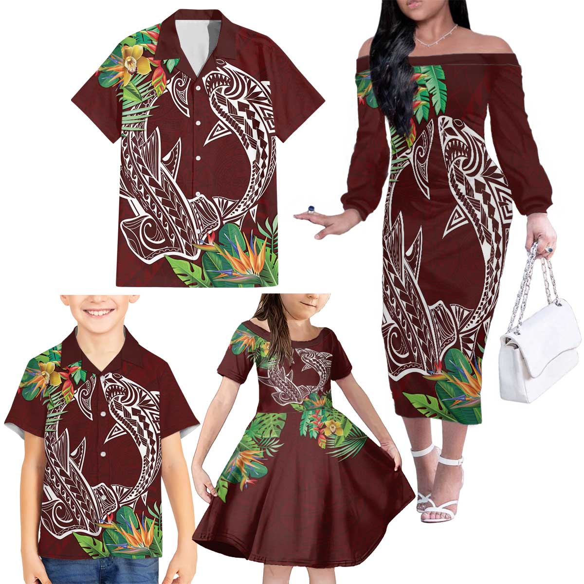 Polynesia Family Matching Off The Shoulder Long Sleeve Dress and Hawaiian Shirt Sharks Duo Tropical Oxblood