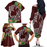 Polynesia Family Matching Off The Shoulder Long Sleeve Dress and Hawaiian Shirt Sharks Duo Tropical Oxblood