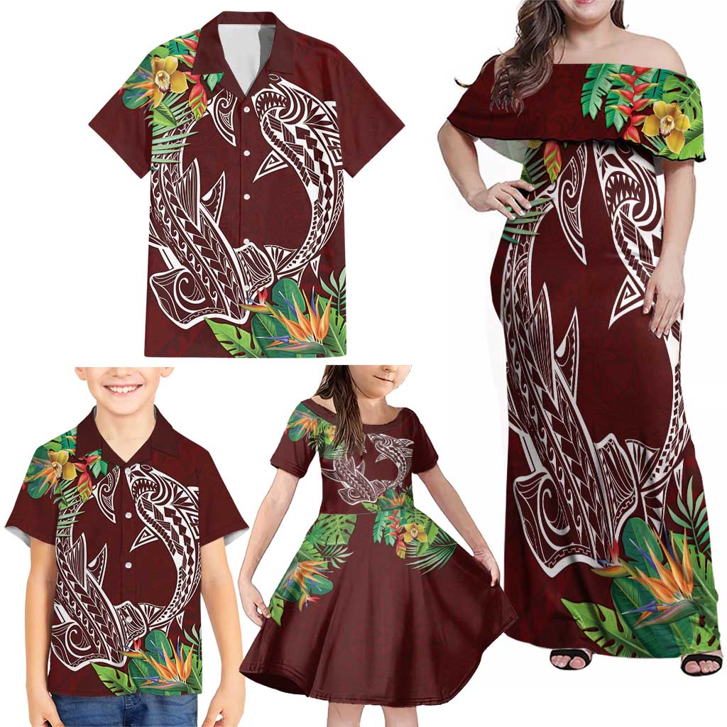 Polynesia Family Matching Off Shoulder Maxi Dress and Hawaiian Shirt Sharks Duo Tropical Oxblood