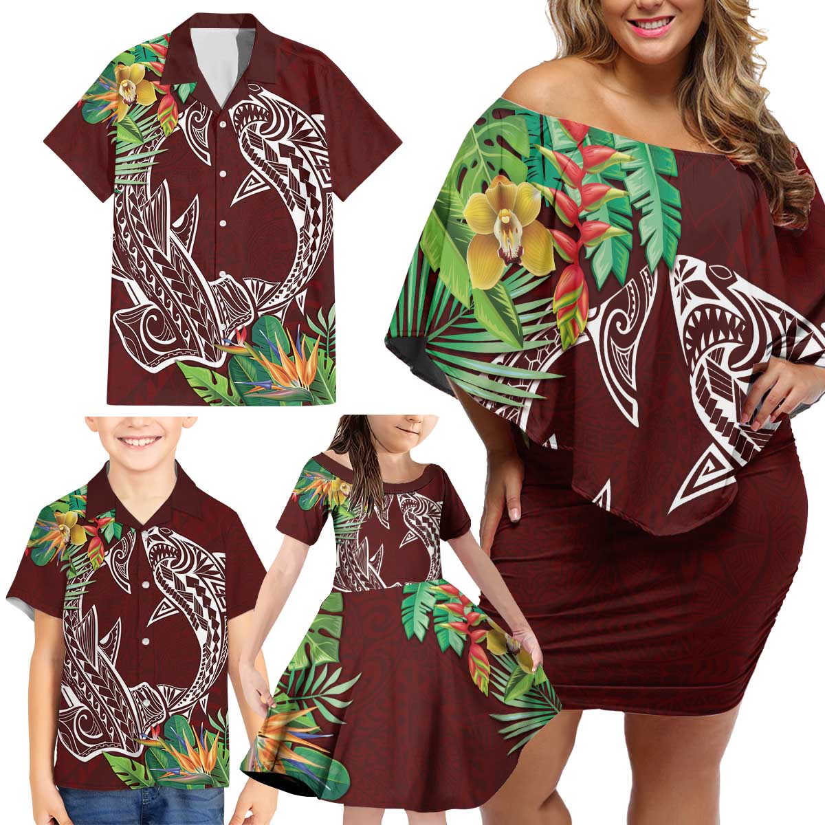 Polynesia Family Matching Off Shoulder Short Dress and Hawaiian Shirt Sharks Duo Tropical Oxblood