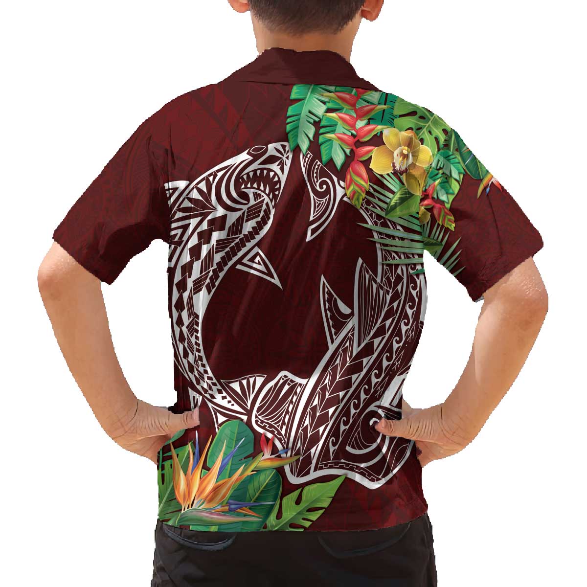 Polynesia Family Matching Puletasi and Hawaiian Shirt Sharks Duo Tropical Oxblood LT7 - Polynesian Pride