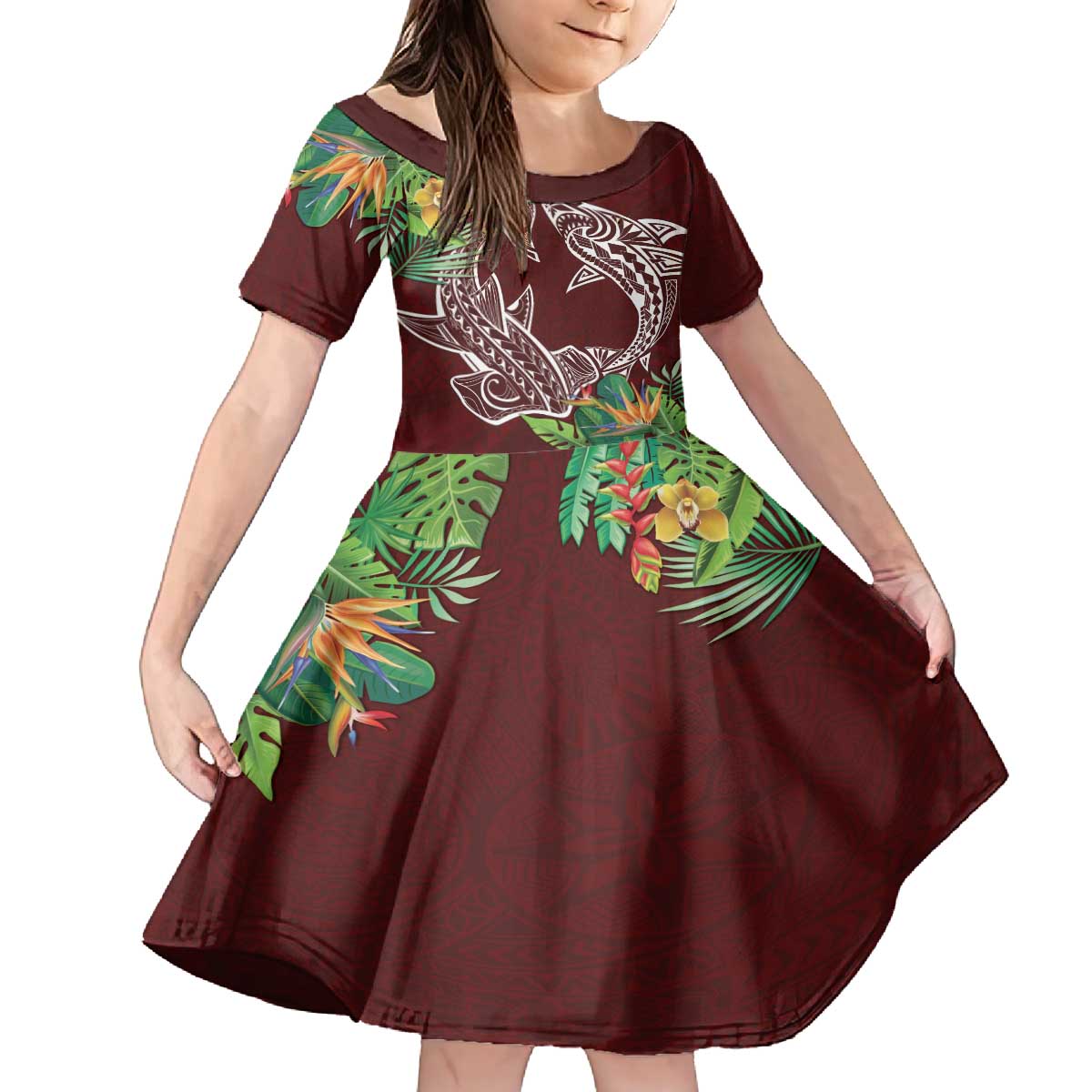 Polynesia Family Matching Puletasi and Hawaiian Shirt Sharks Duo Tropical Oxblood LT7 Daughter's Dress Oxblood - Polynesian Pride