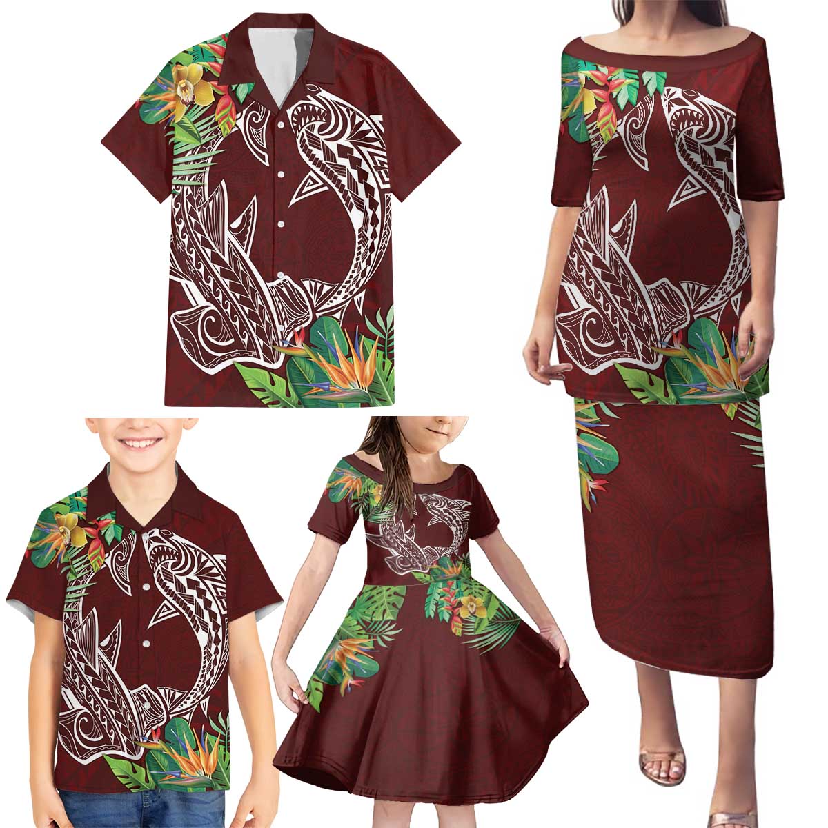 Polynesia Family Matching Puletasi and Hawaiian Shirt Sharks Duo Tropical Oxblood