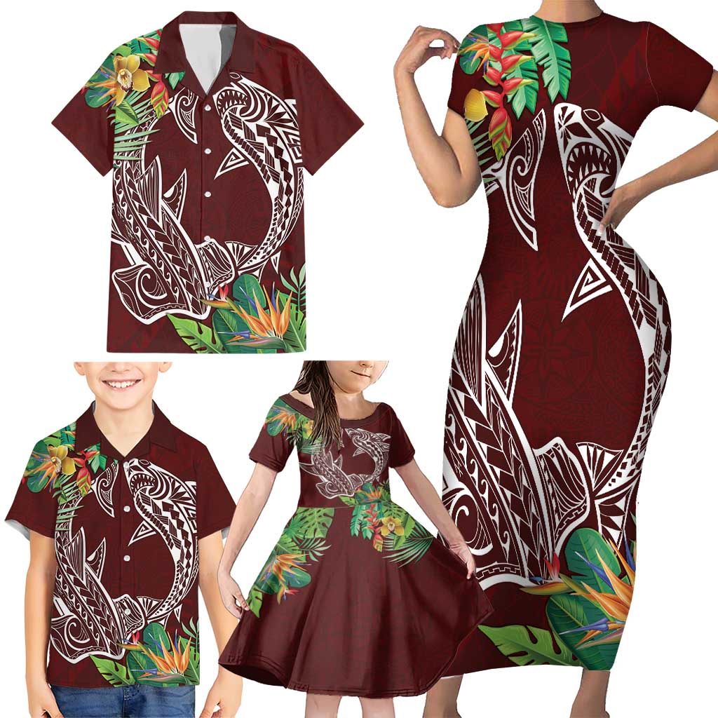 Polynesia Family Matching Short Sleeve Bodycon Dress and Hawaiian Shirt Sharks Duo Tropical Oxblood