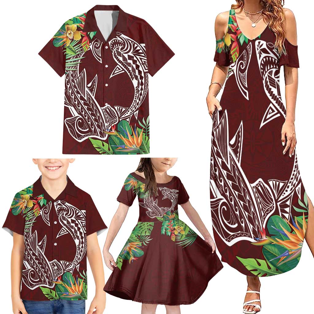 Polynesia Family Matching Summer Maxi Dress and Hawaiian Shirt Sharks Duo Tropical Oxblood