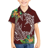 Polynesia Family Matching Summer Maxi Dress and Hawaiian Shirt Sharks Duo Tropical Oxblood LT7 Son's Shirt Oxblood - Polynesian Pride