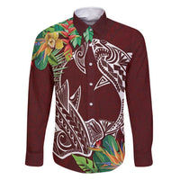 Polynesia Family Matching Tank Maxi Dress and Hawaiian Shirt Sharks Duo Tropical Oxblood LT7 Dad's Shirt - Long Sleeve Oxblood - Polynesian Pride