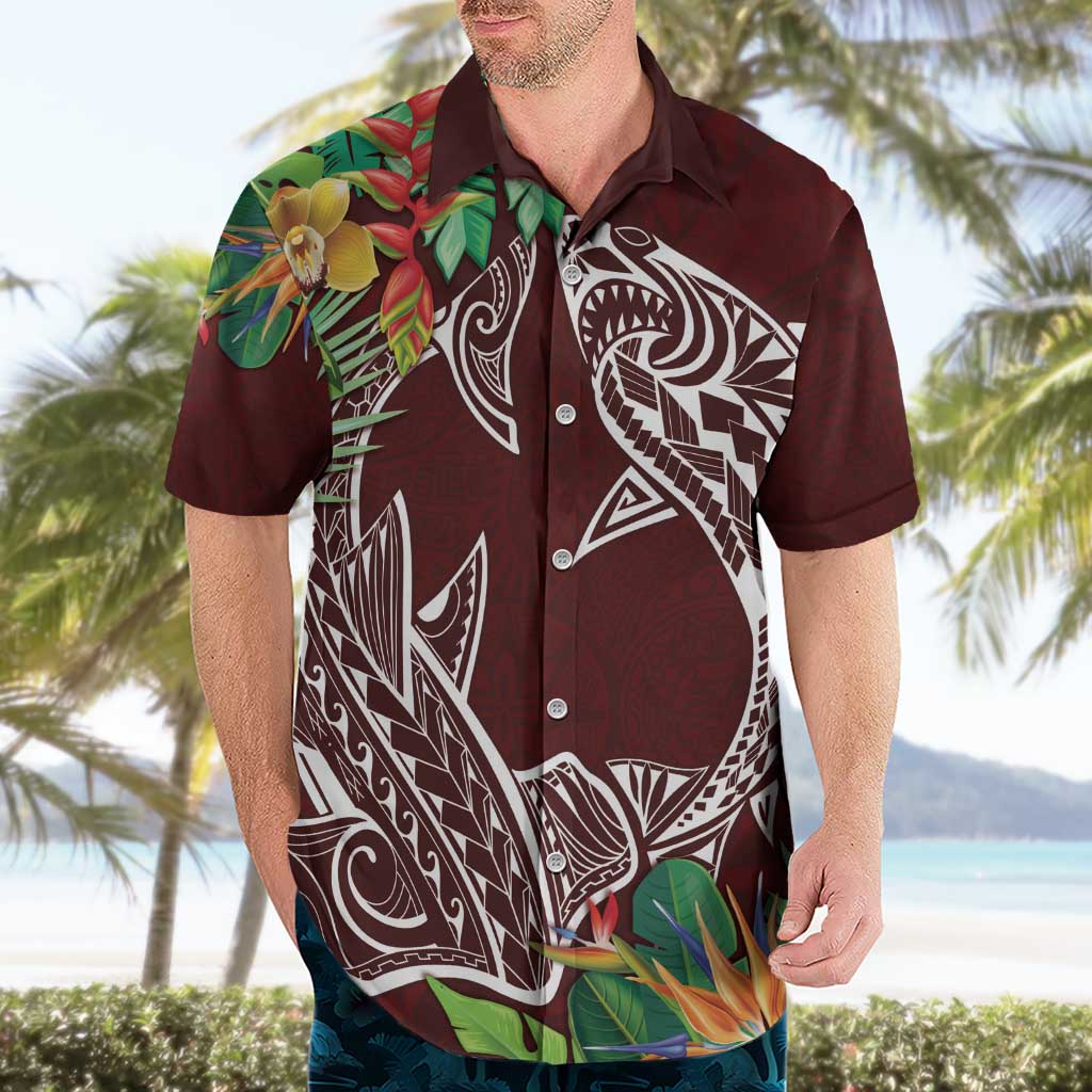 Polynesia Hawaiian Shirt Sharks Duo Tropical Oxblood LT7 - Polynesian Pride
