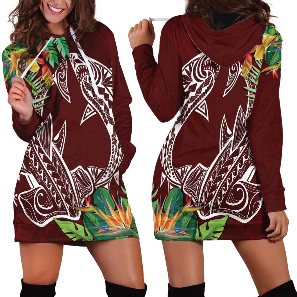 Polynesia Hoodie Dress Sharks Duo Tropical Oxblood LT7 - Polynesian Pride