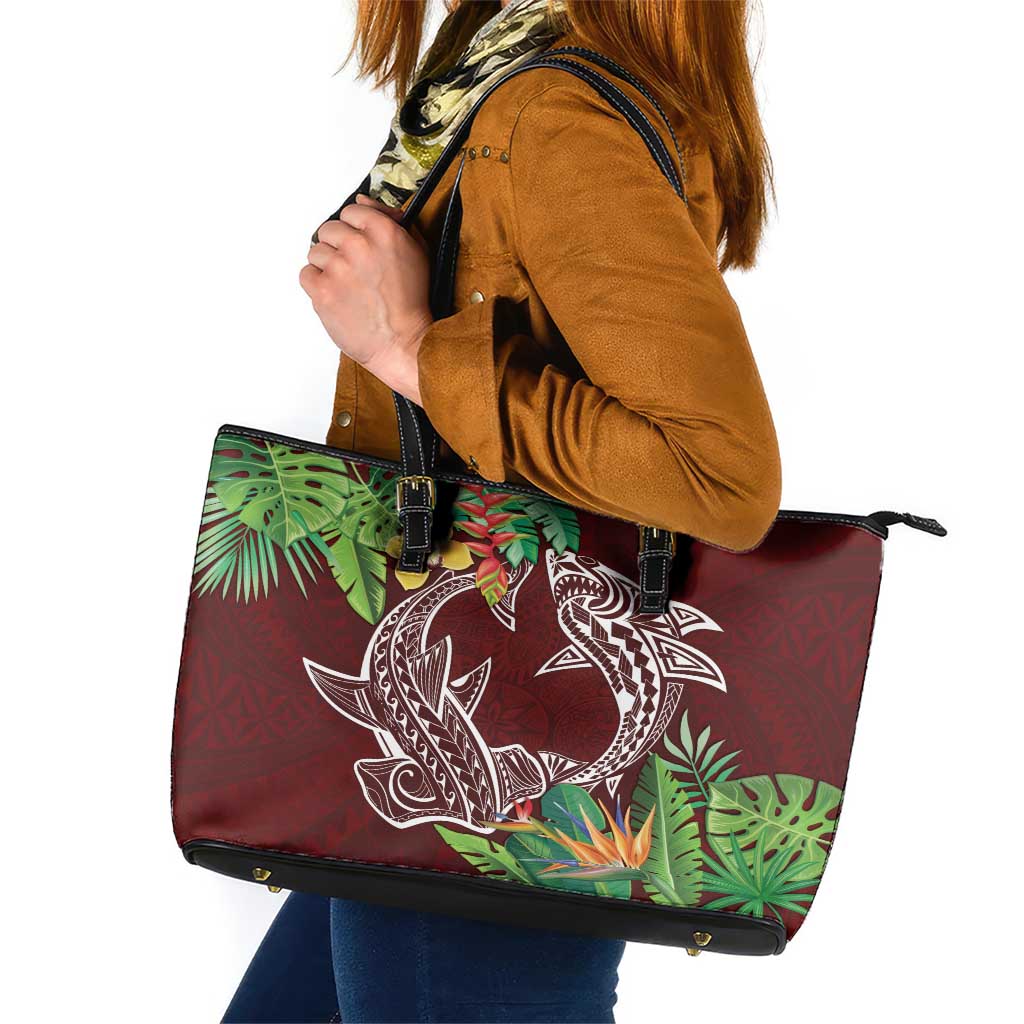 Polynesia Leather Tote Bag Sharks Duo Tropical Oxblood