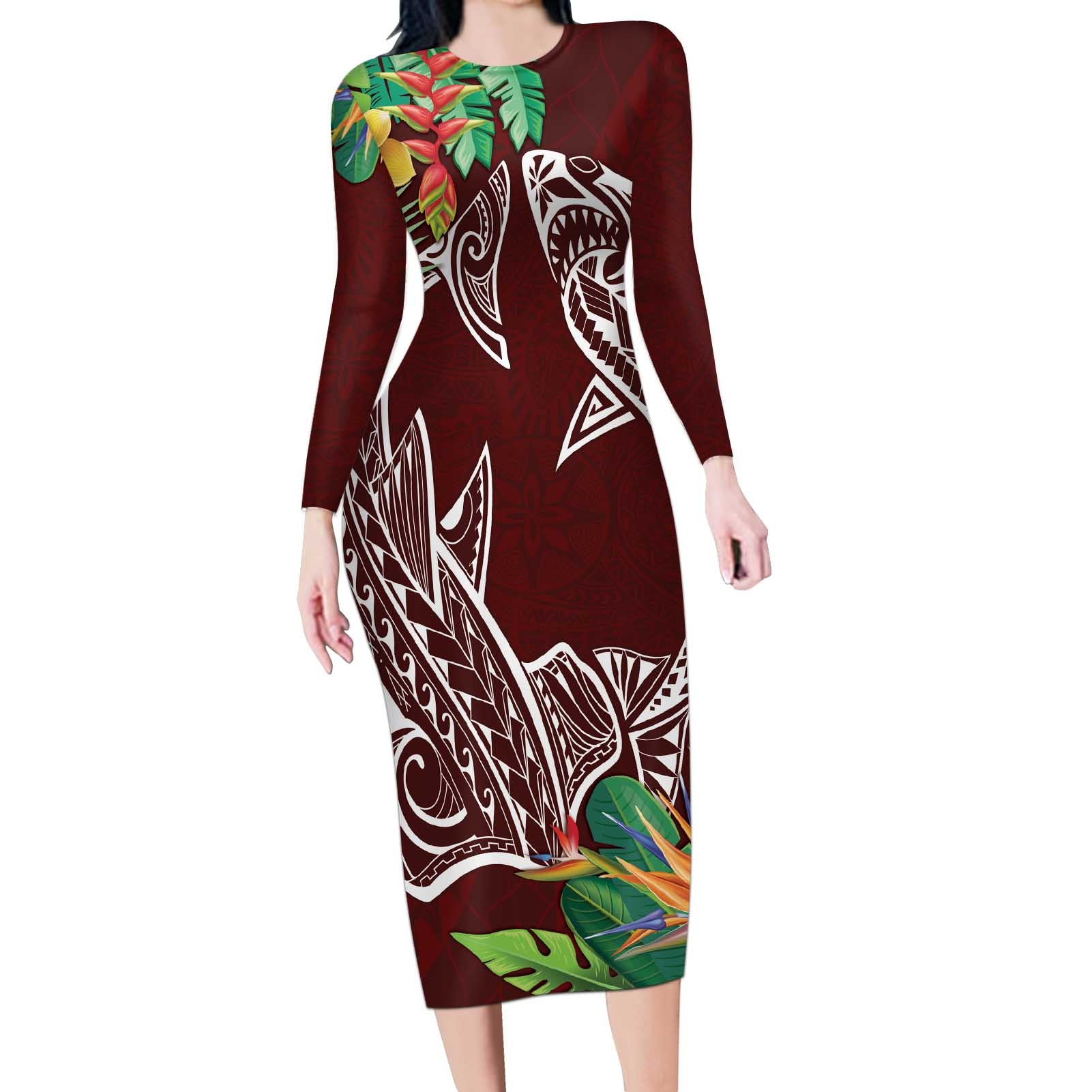 Polynesia Long Sleeve Bodycon Dress Sharks Duo Tropical Oxblood