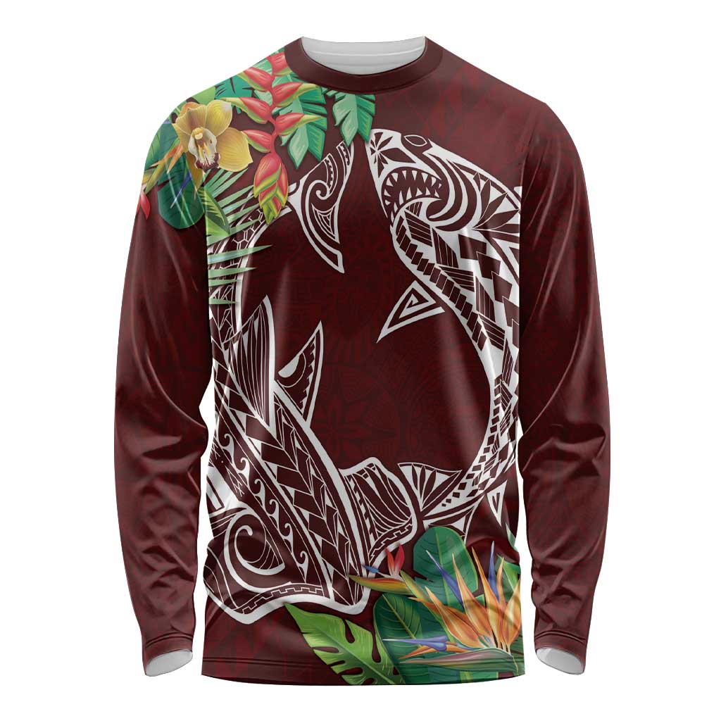 Polynesia Long Sleeve Shirt Sharks Duo Tropical Oxblood