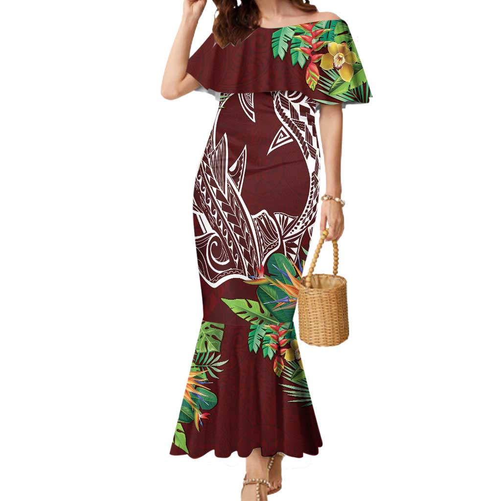 Polynesia Mermaid Dress Sharks Duo Tropical Oxblood