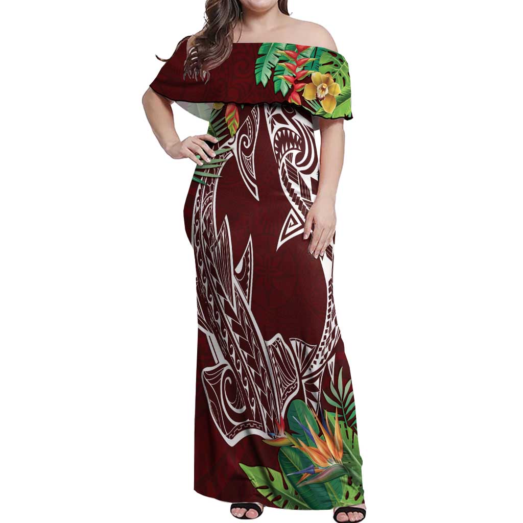 Polynesia Off Shoulder Maxi Dress Sharks Duo Tropical Oxblood LT7 Women Oxblood - Polynesian Pride
