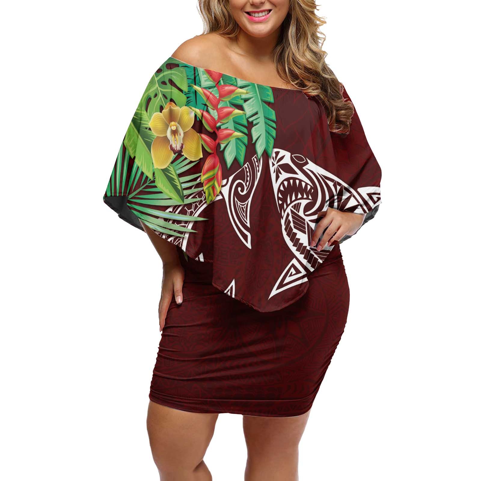 Polynesia Off Shoulder Short Dress Sharks Duo Tropical Oxblood LT7 Women Oxblood - Polynesian Pride