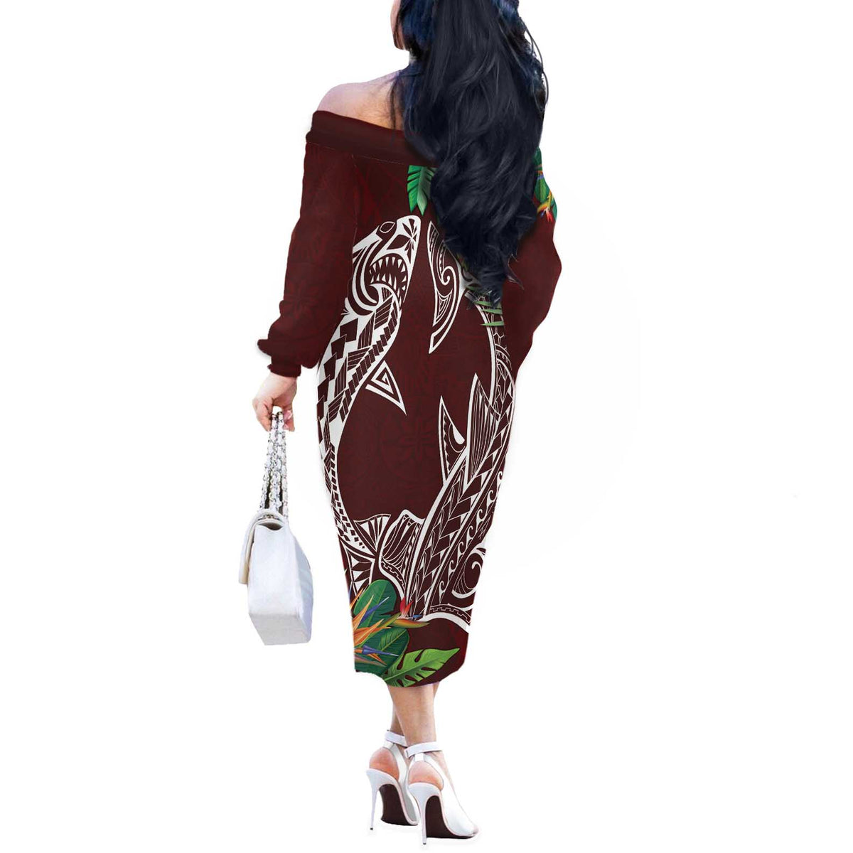 Polynesia Off The Shoulder Long Sleeve Dress Sharks Duo Tropical Oxblood