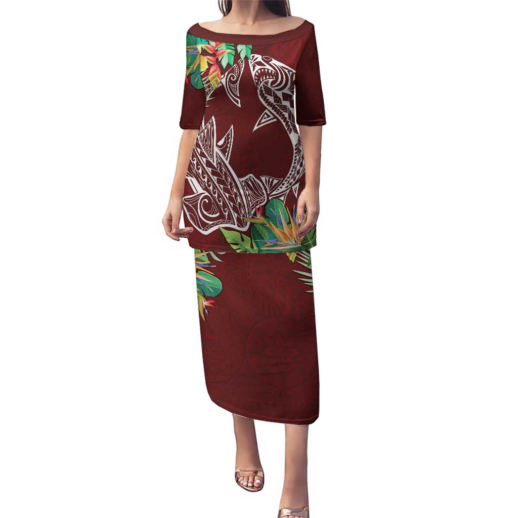 Polynesia Puletasi Sharks Duo Tropical Oxblood LT7 Long Dress Oxblood - Polynesian Pride