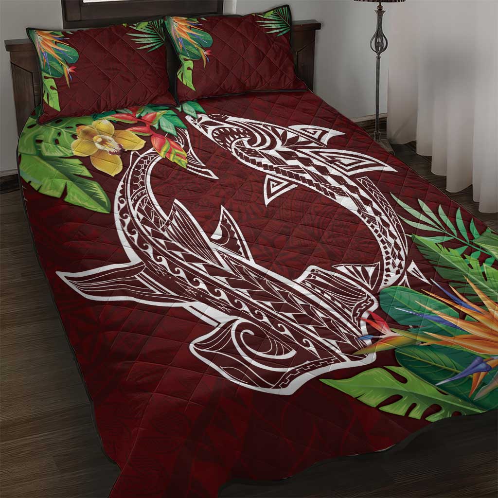 Polynesia Quilt Bed Set Sharks Duo Tropical Oxblood