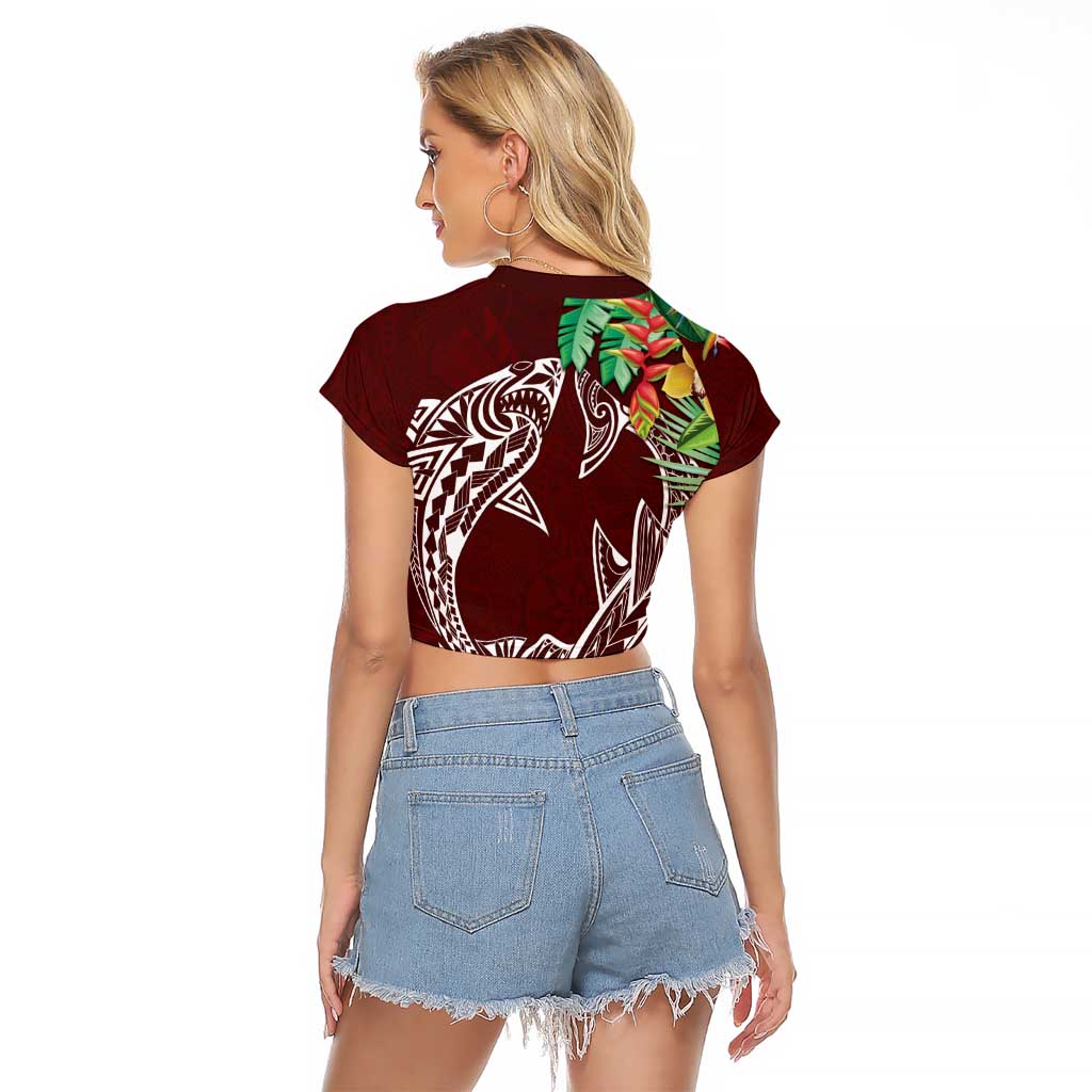 Polynesia Raglan Cropped T Shirt Sharks Duo Tropical Oxblood