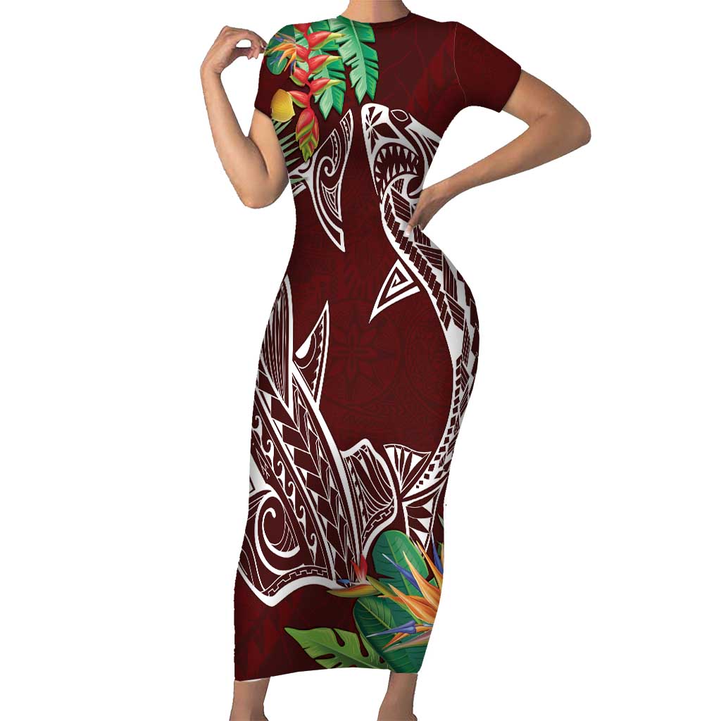 Polynesia Short Sleeve Bodycon Dress Sharks Duo Tropical Oxblood