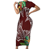Polynesia Short Sleeve Bodycon Dress Sharks Duo Tropical Oxblood