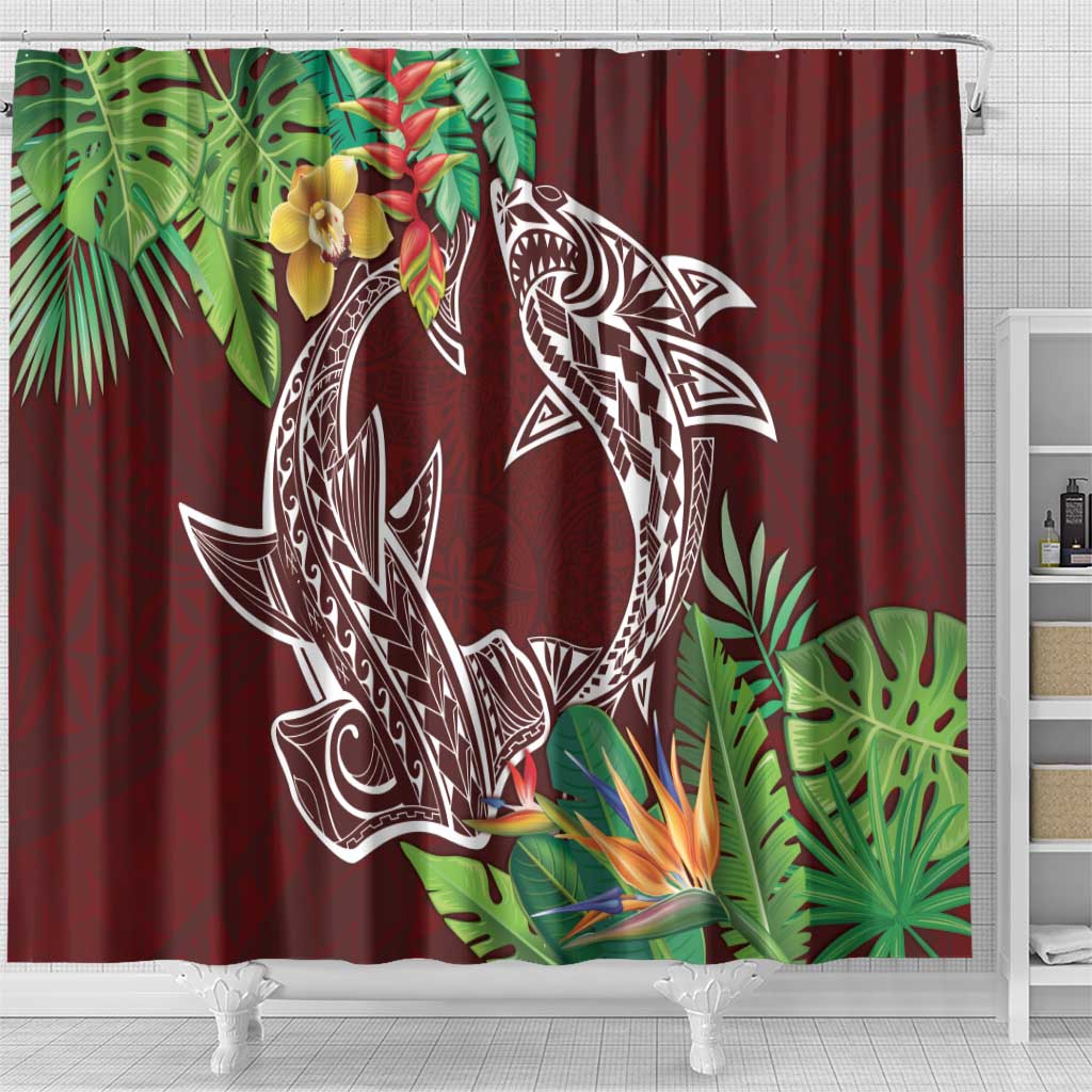 Polynesia Shower Curtain Sharks Duo Tropical Oxblood
