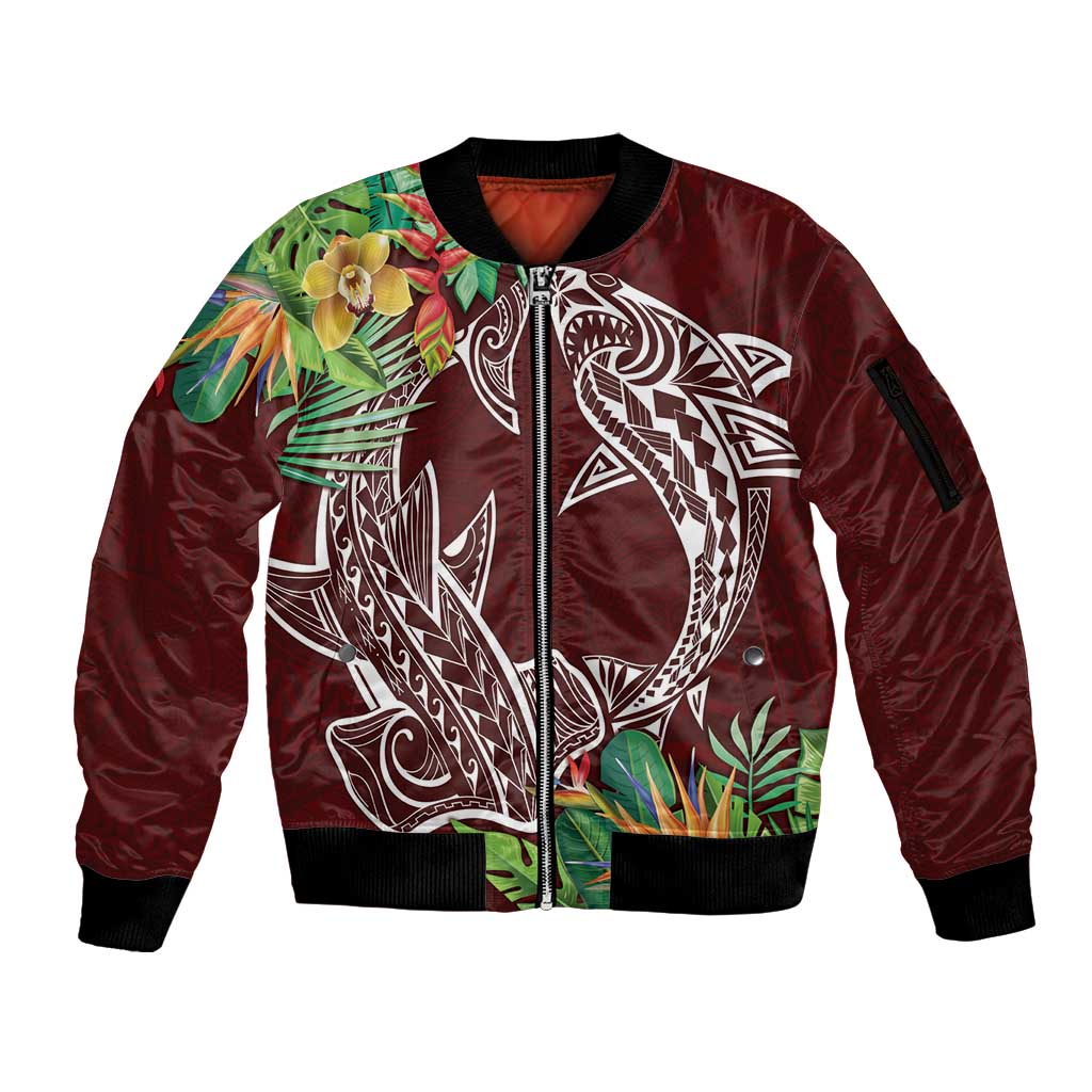 Polynesia Sleeve Zip Bomber Jacket Sharks Duo Tropical Oxblood