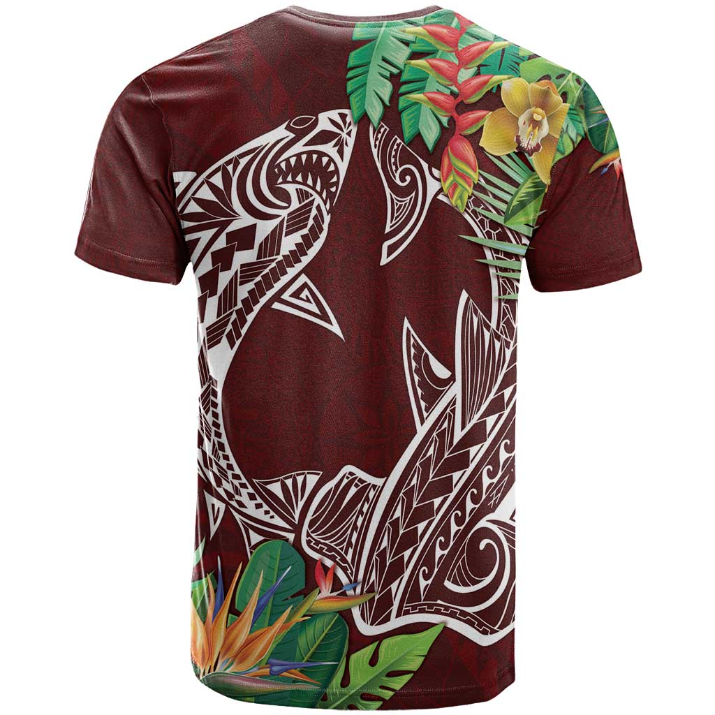 Polynesia T Shirt Sharks Duo Tropical Oxblood