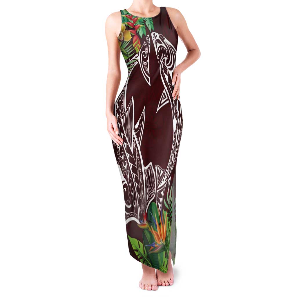 Polynesia Tank Maxi Dress Sharks Duo Tropical Oxblood