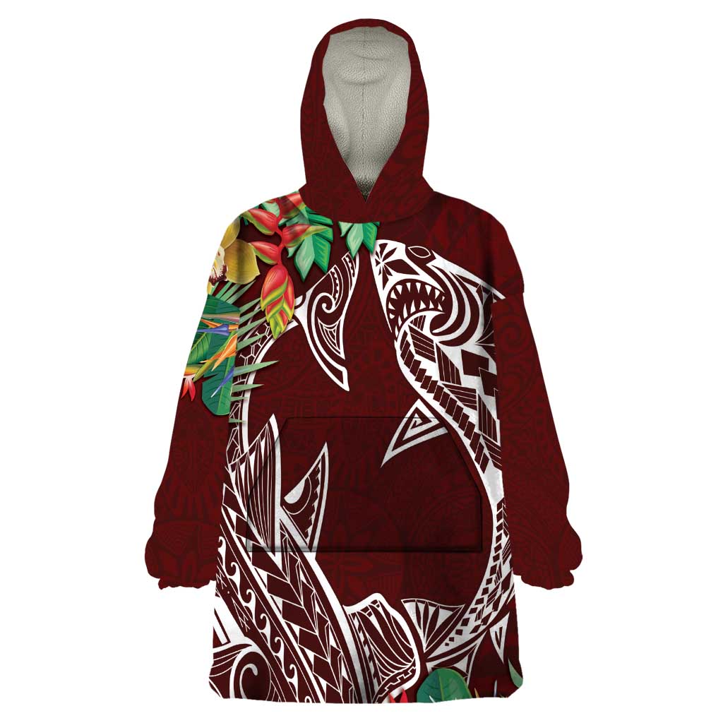 Polynesia Wearable Blanket Hoodie Sharks Duo Tropical Oxblood