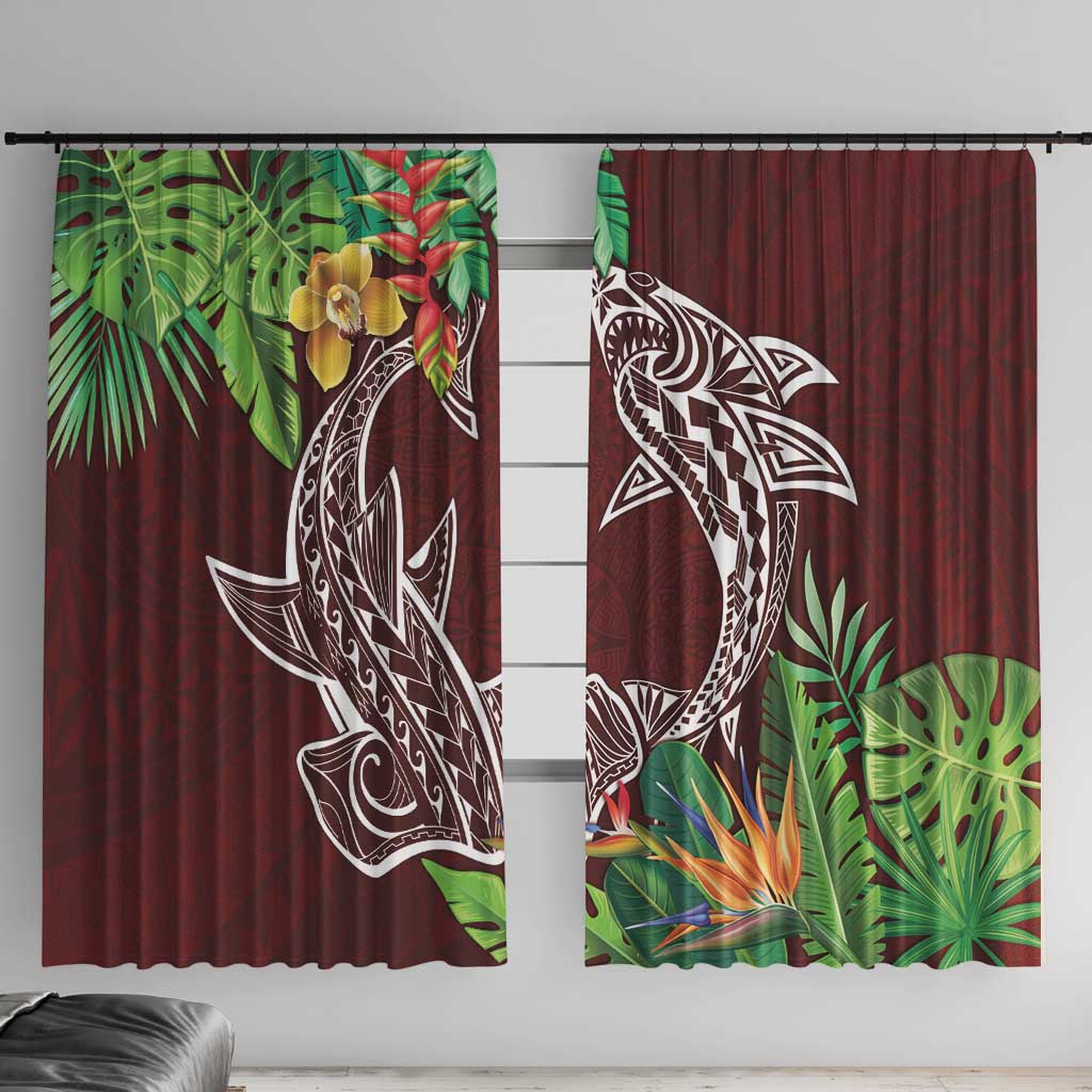 Polynesia Window Curtain Sharks Duo Tropical Oxblood LT7 With Hooks Oxblood - Polynesian Pride