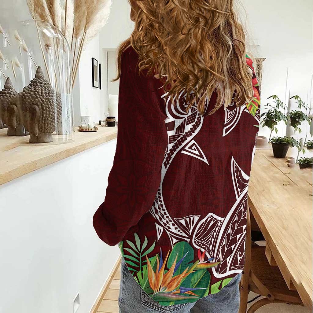 Polynesia Women Casual Shirt Sharks Duo Tropical Oxblood