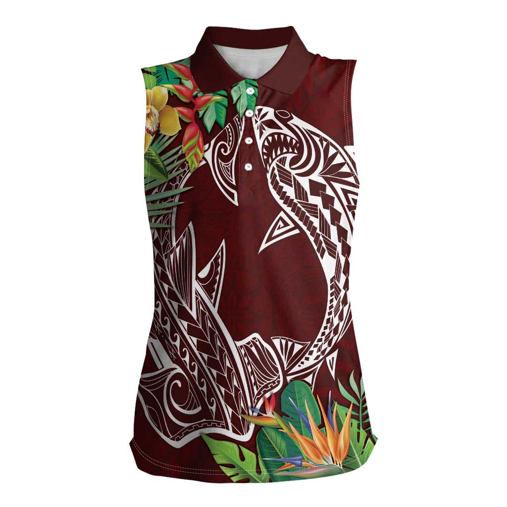 Polynesia Women Sleeveless Polo Shirt Sharks Duo Tropical Oxblood LT7 Female Oxblood - Polynesian Pride