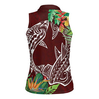 Polynesia Women Sleeveless Polo Shirt Sharks Duo Tropical Oxblood LT7 - Polynesian Pride