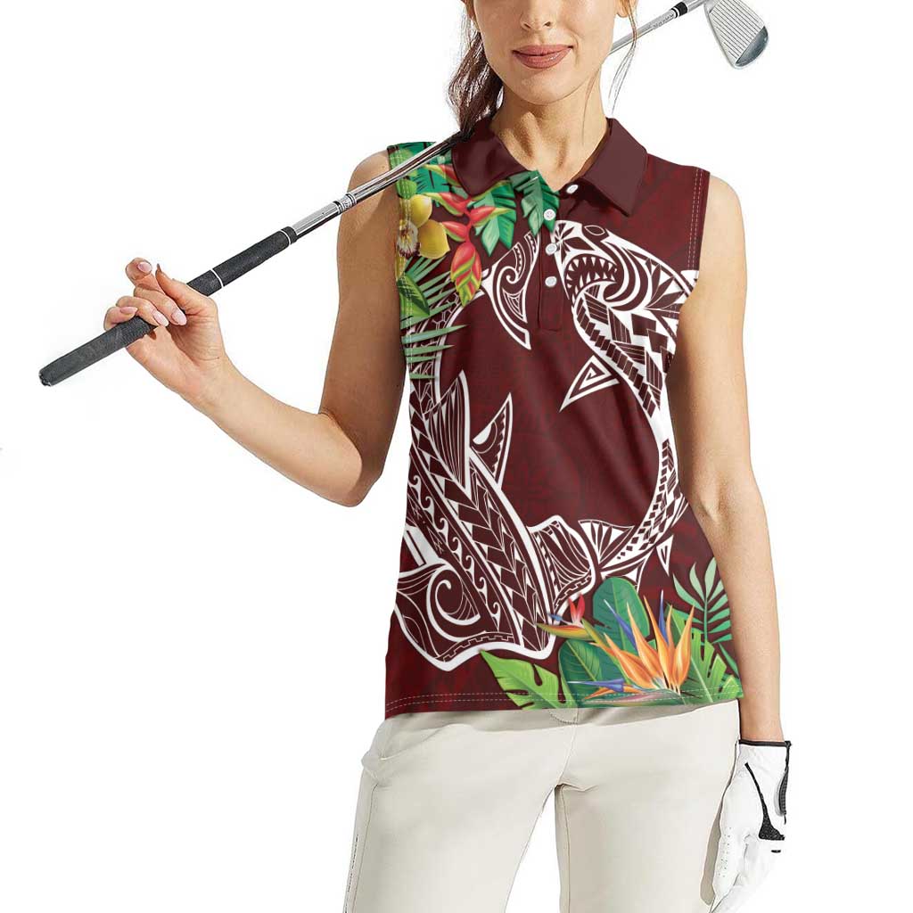 Polynesia Women Sleeveless Polo Shirt Sharks Duo Tropical Oxblood LT7 - Polynesian Pride