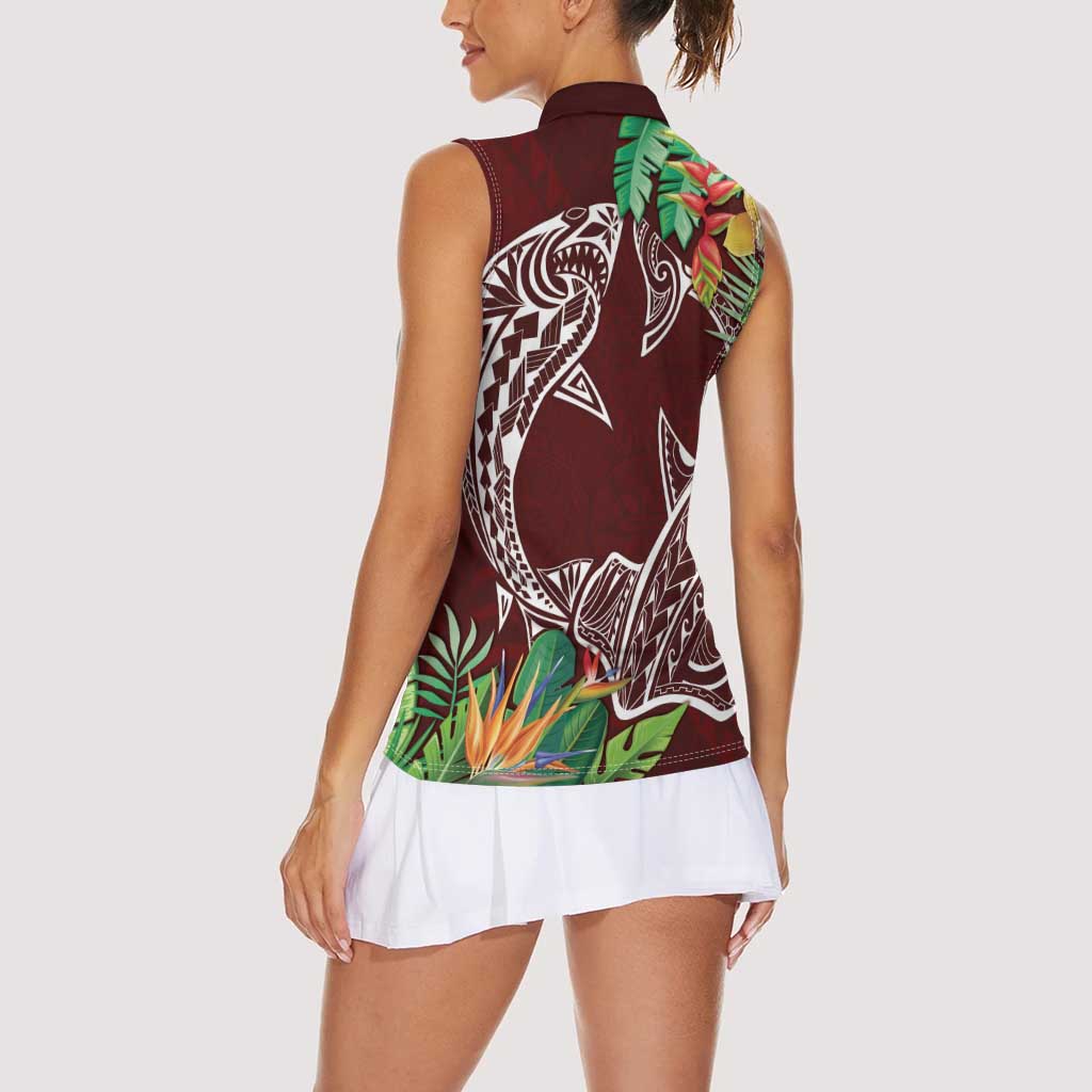 Polynesia Women Sleeveless Polo Shirt Sharks Duo Tropical Oxblood LT7 - Polynesian Pride