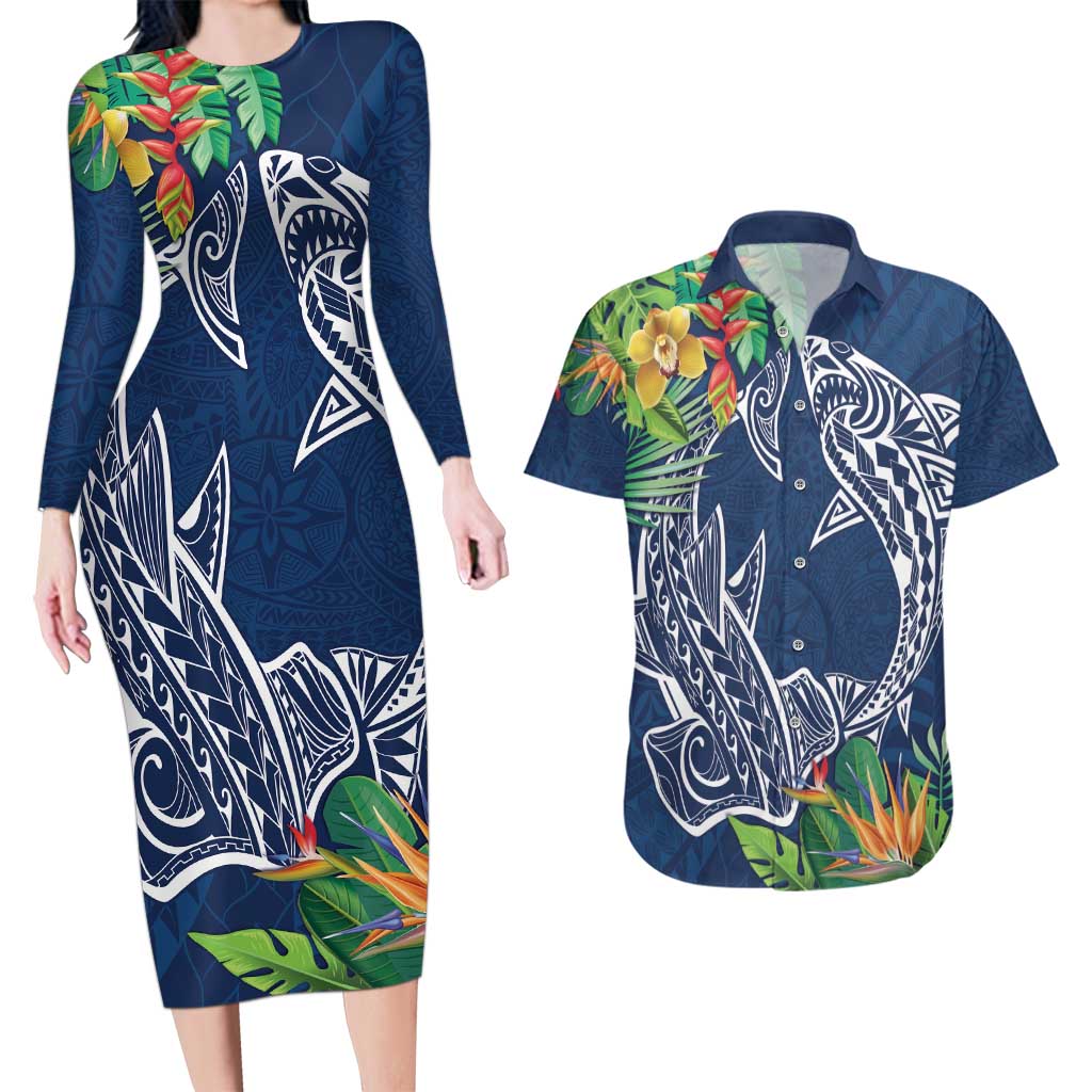 Polynesia Couples Matching Long Sleeve Bodycon Dress and Hawaiian Shirt Sharks Duo Tropical Navy LT7 Navy - Polynesian Pride