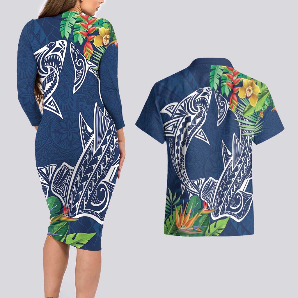 Polynesia Couples Matching Long Sleeve Bodycon Dress and Hawaiian Shirt Sharks Duo Tropical Navy LT7 - Polynesian Pride