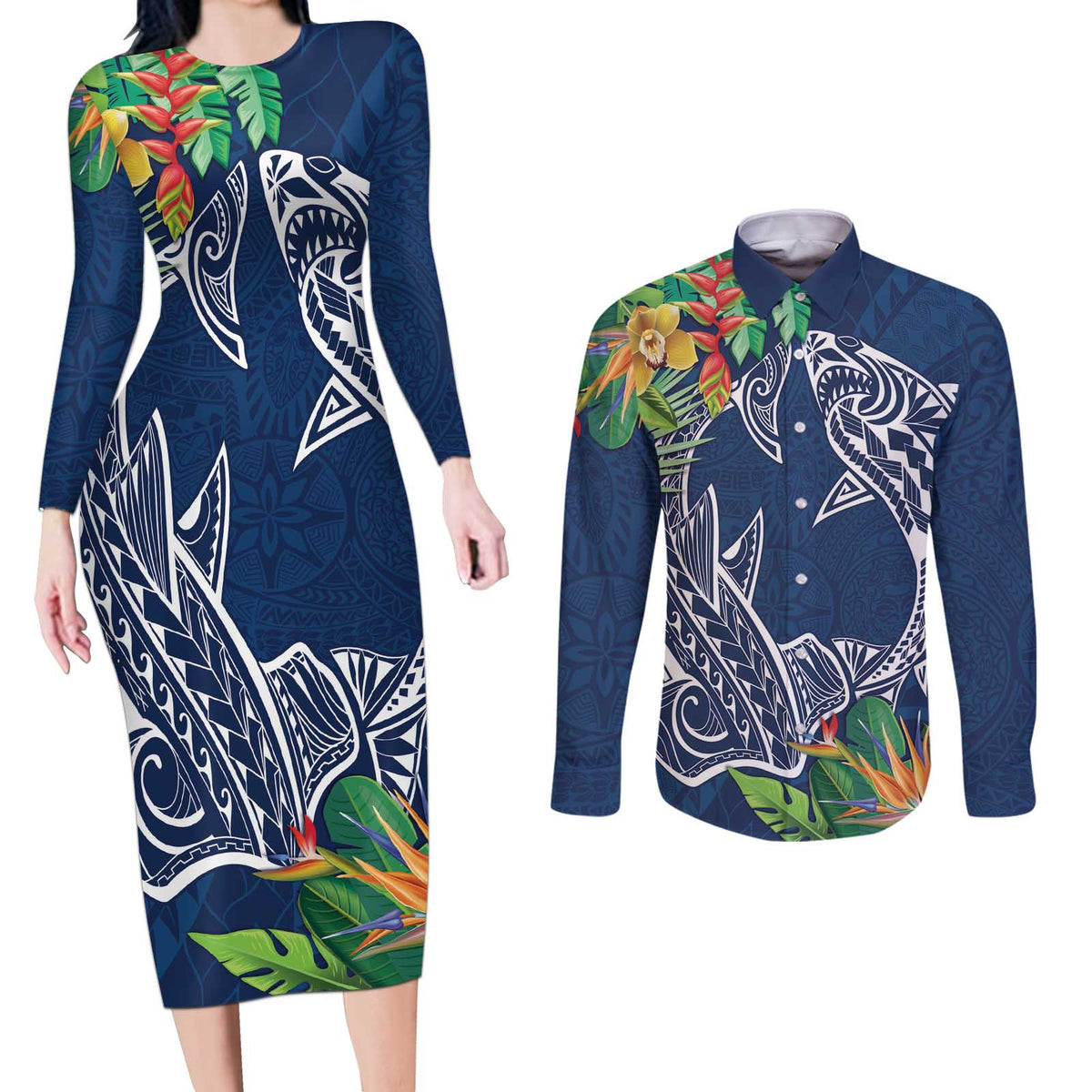 Polynesia Couples Matching Long Sleeve Bodycon Dress and Long Sleeve Button Shirt Sharks Duo Tropical Navy LT7 Navy - Polynesian Pride