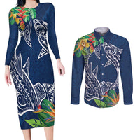 Polynesia Couples Matching Long Sleeve Bodycon Dress and Long Sleeve Button Shirt Sharks Duo Tropical Navy LT7 Navy - Polynesian Pride