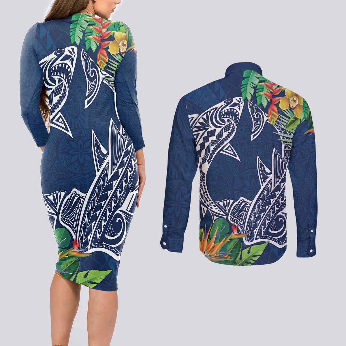 Polynesia Couples Matching Long Sleeve Bodycon Dress and Long Sleeve Button Shirt Sharks Duo Tropical Navy LT7 - Polynesian Pride