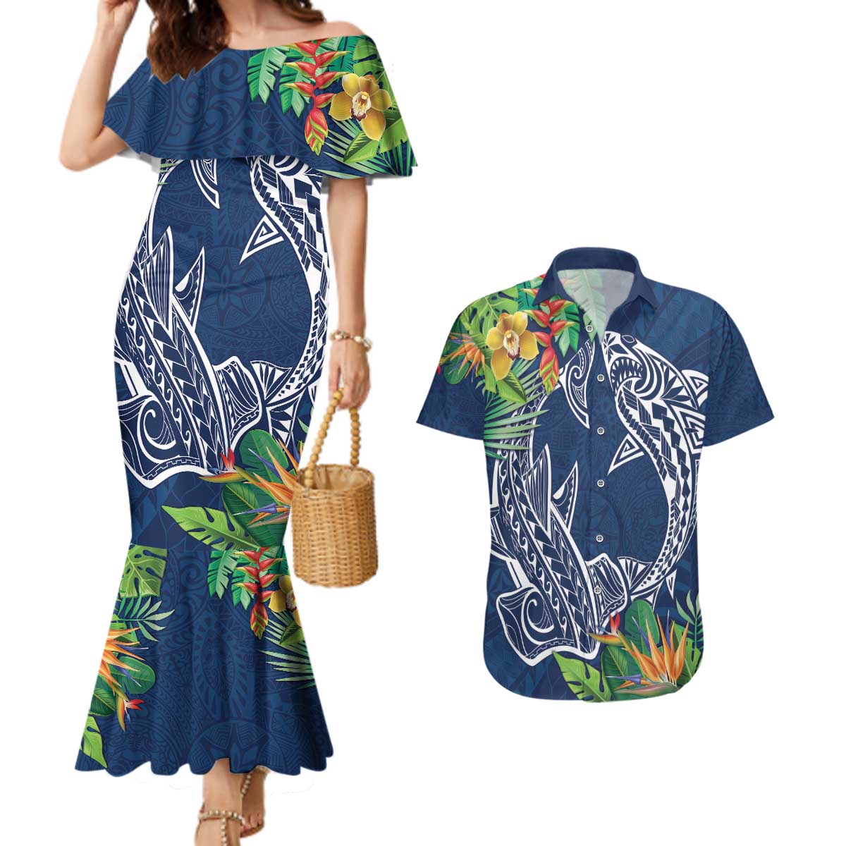 Polynesia Couples Matching Mermaid Dress and Hawaiian Shirt Sharks Duo Tropical Navy