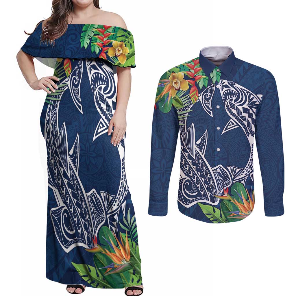 Polynesia Couples Matching Off Shoulder Maxi Dress and Long Sleeve Button Shirt Sharks Duo Tropical Navy LT7 Navy - Polynesian Pride