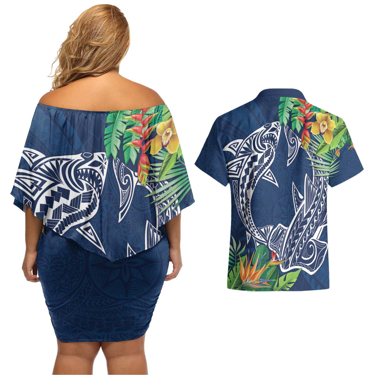Polynesia Couples Matching Off Shoulder Short Dress and Hawaiian Shirt Sharks Duo Tropical Navy LT7 - Polynesian Pride