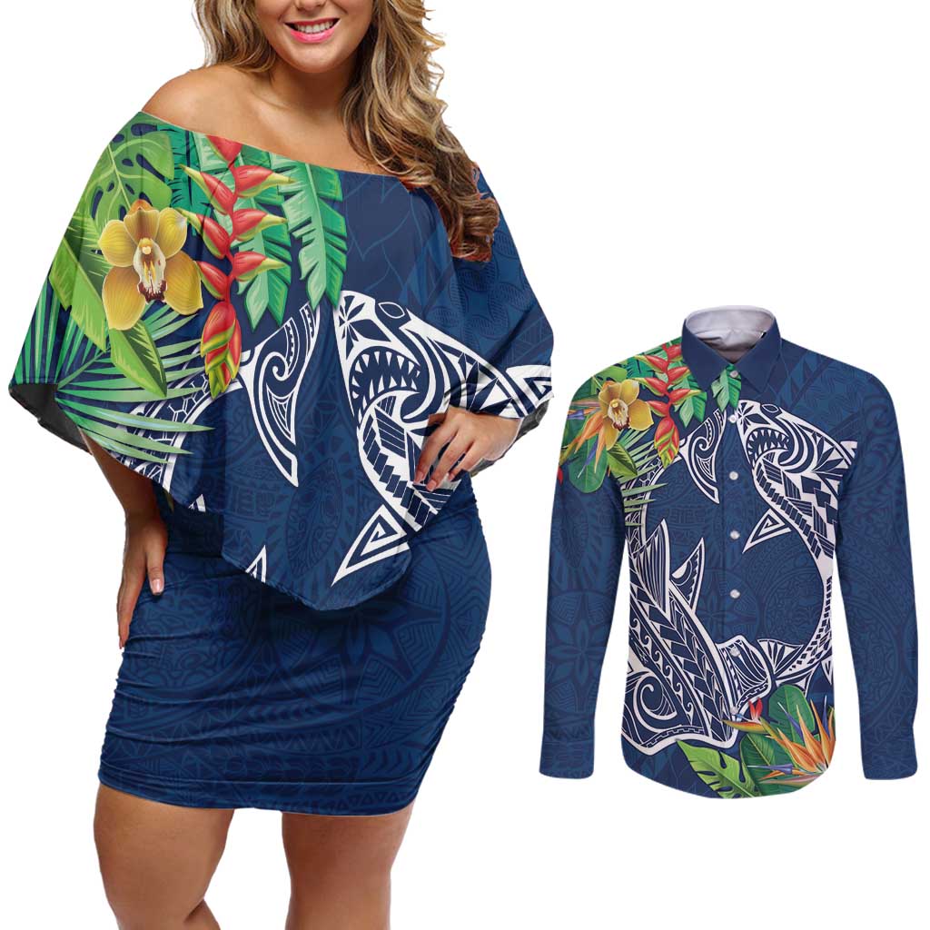 Polynesia Couples Matching Off Shoulder Short Dress and Long Sleeve Button Shirt Sharks Duo Tropical Navy LT7 Navy - Polynesian Pride