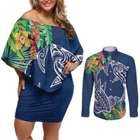 Polynesia Couples Matching Off Shoulder Short Dress and Long Sleeve Button Shirt Sharks Duo Tropical Navy LT7 Navy - Polynesian Pride