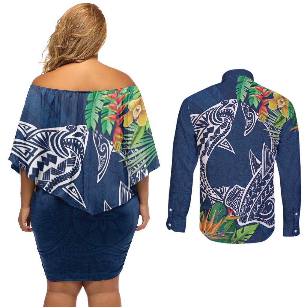 Polynesia Couples Matching Off Shoulder Short Dress and Long Sleeve Button Shirt Sharks Duo Tropical Navy LT7 - Polynesian Pride