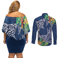 Polynesia Couples Matching Off Shoulder Short Dress and Long Sleeve Button Shirt Sharks Duo Tropical Navy LT7 - Polynesian Pride